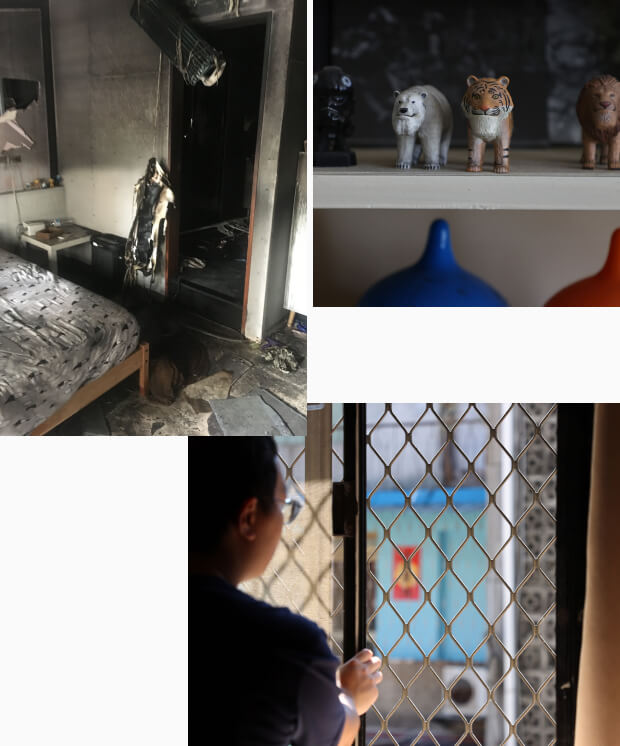 左上圖／F先生提供；右上圖、下圖／記者林澔一攝影。圖中鐵窗為示意圖，非火災現場。